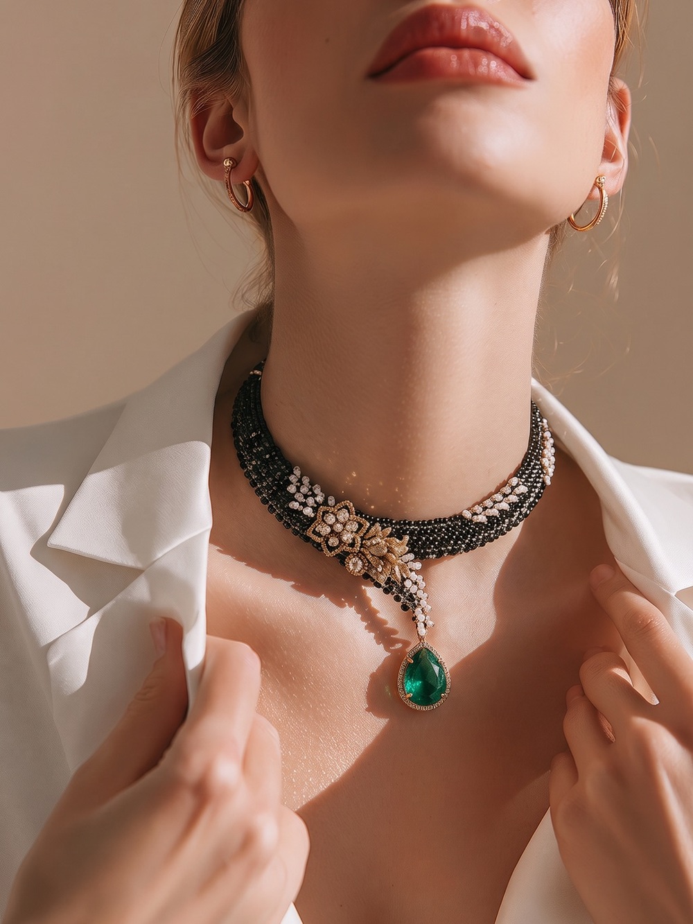 Elegant Blue crystal Choker Necklace and earrings with Emerald Teardrop Pendant